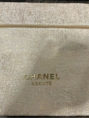 CHANEL Beige Beauté Cosmetic Pouch with Gold Logo